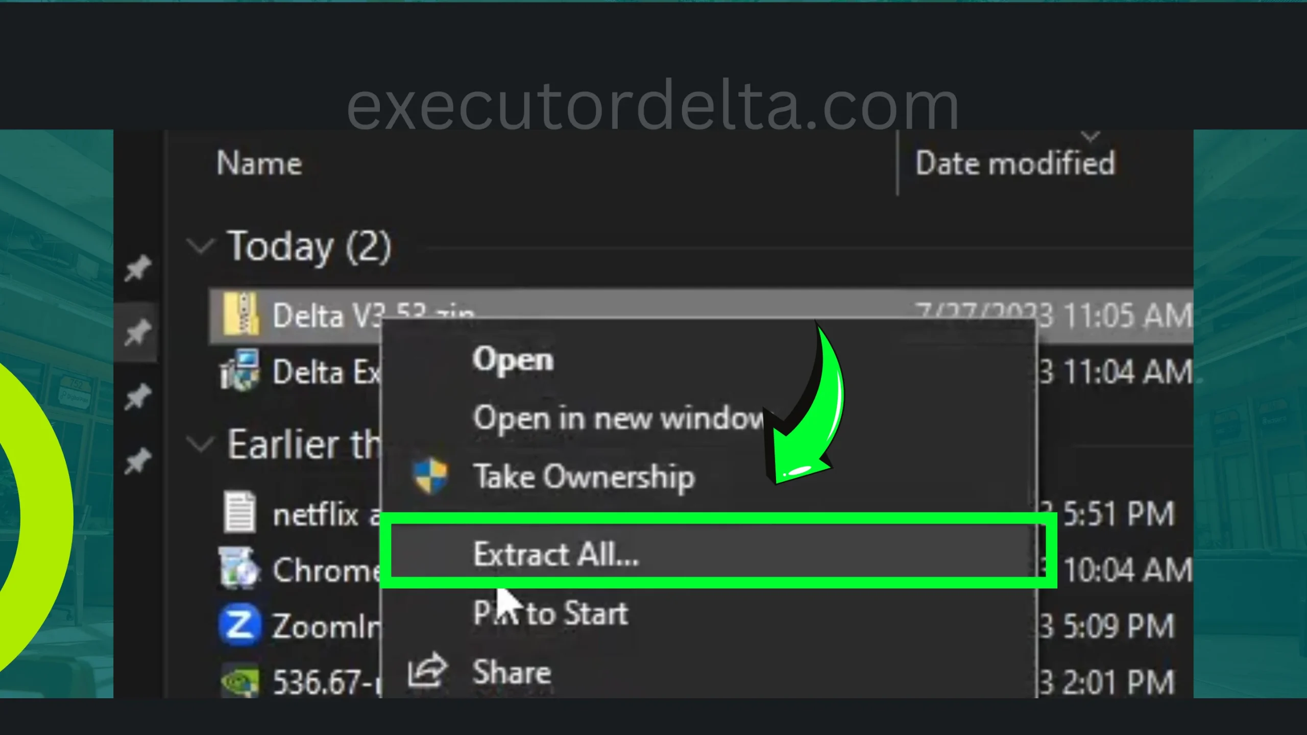Downloads folder and extracting the Delta zip file screenshot image