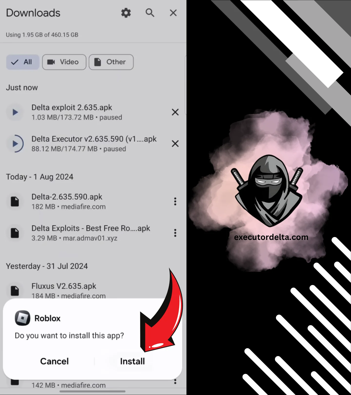 Delta executor installation permission window on android screenshot image