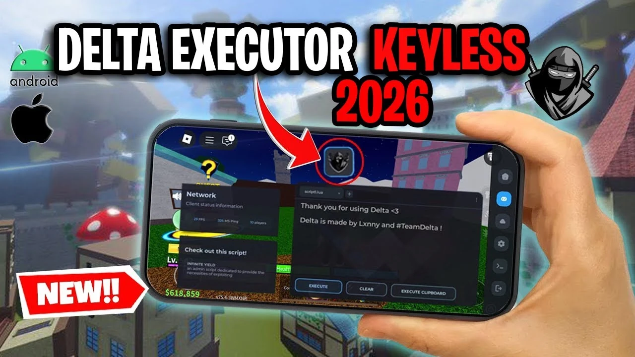 Delta Executor keyless 2026 mobile layout running Roblox scripts in-game