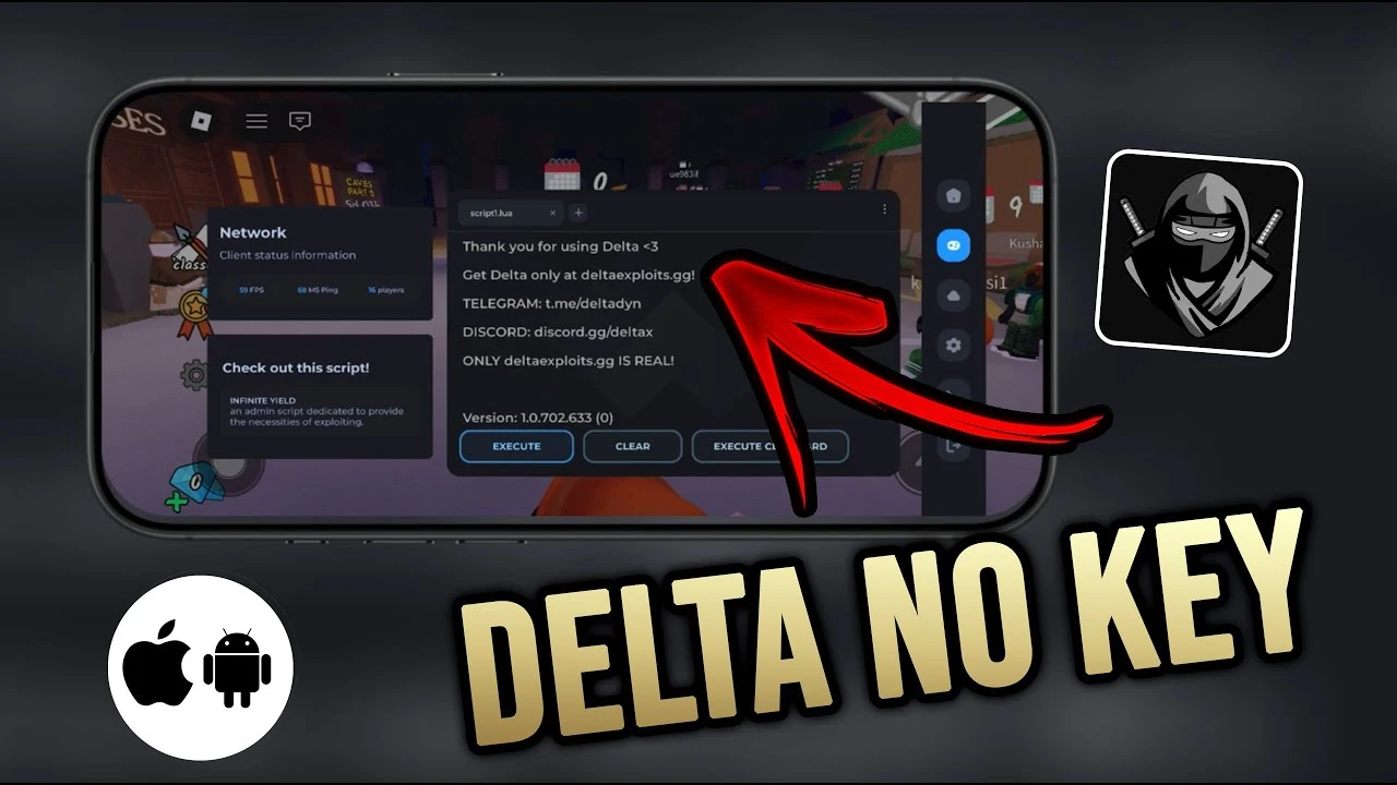 Delta Executor script execution screen no key system Roblox in-game layout